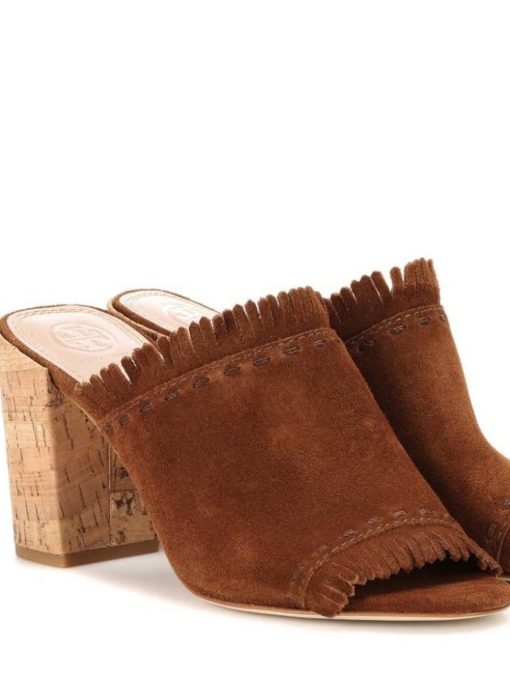 Womens Tory Burch Huntington Brown Fringed Suede Cork Block Heeled Sandals 7.5